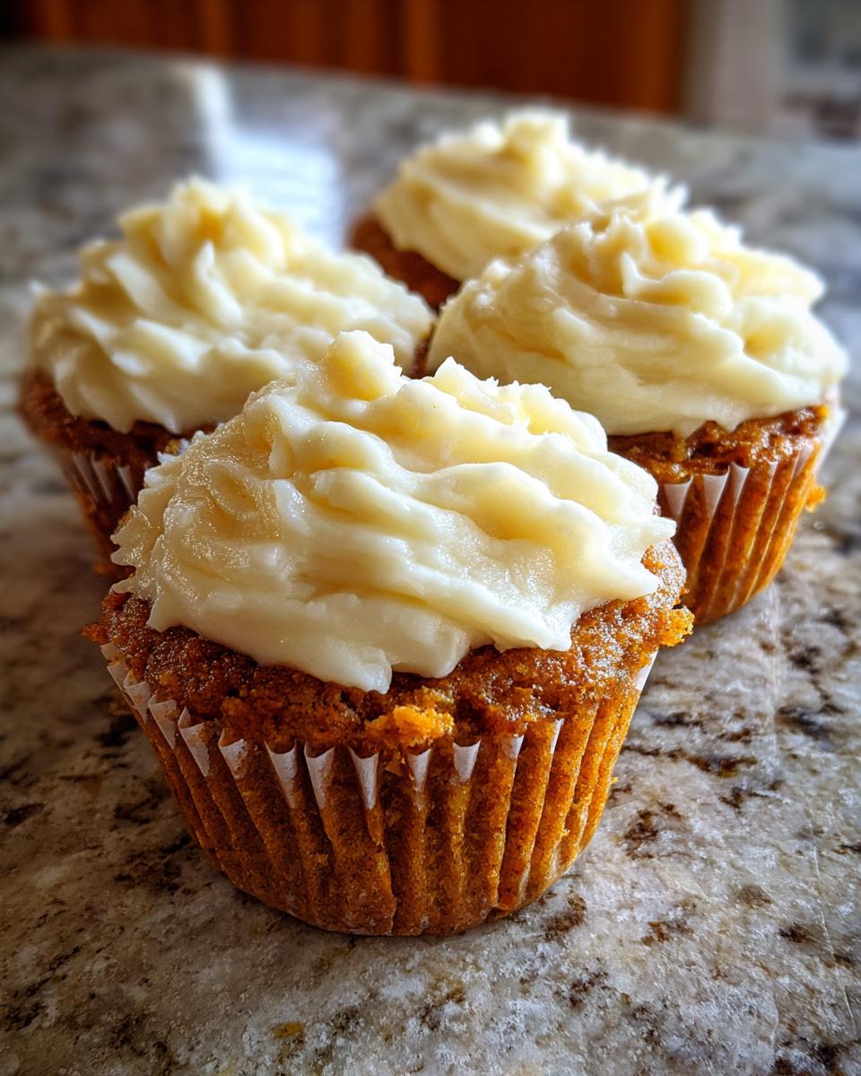 Three moist carrot cake muffins topped with thick swirls of cream cheese frosting sitting on a granite countertop.