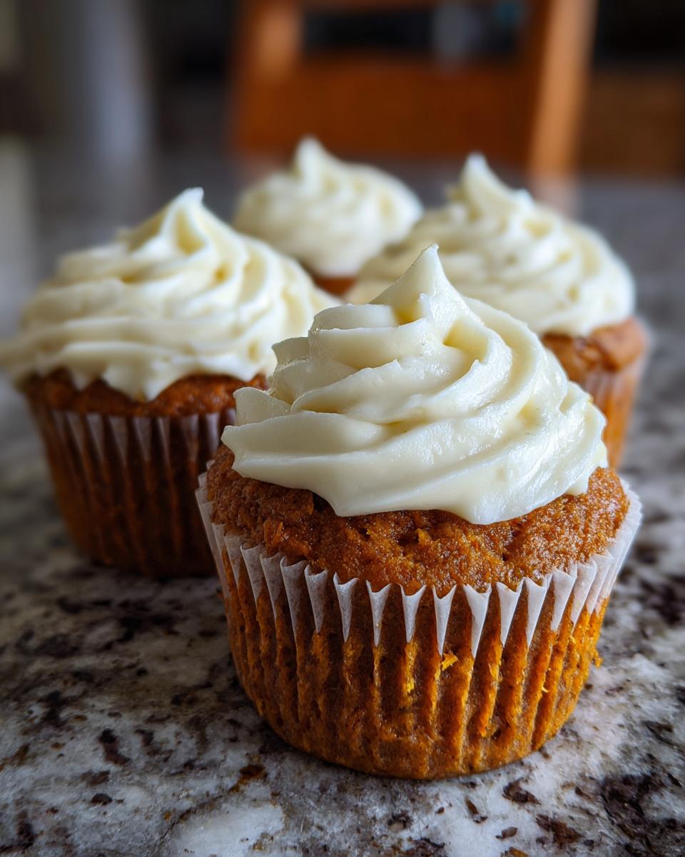 Close-up of a moist carrot cake muffin topped with a swirl of cream cheese frosting, with more carrot cake muffins blurred in the background.
