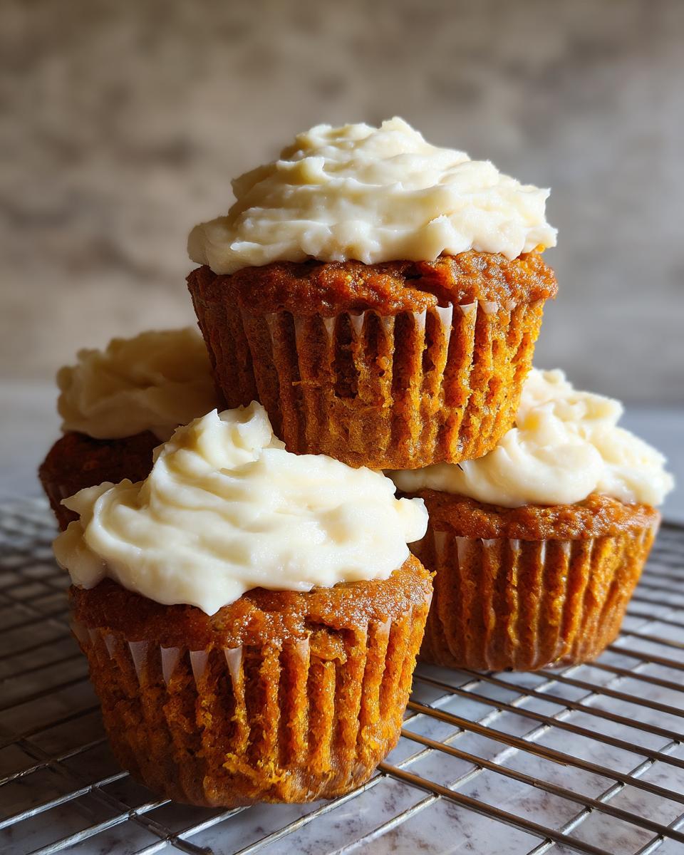 A stack of four moist carrot cake muffins topped generously with thick cream cheese frosting, resting on a wire cooling rack.
