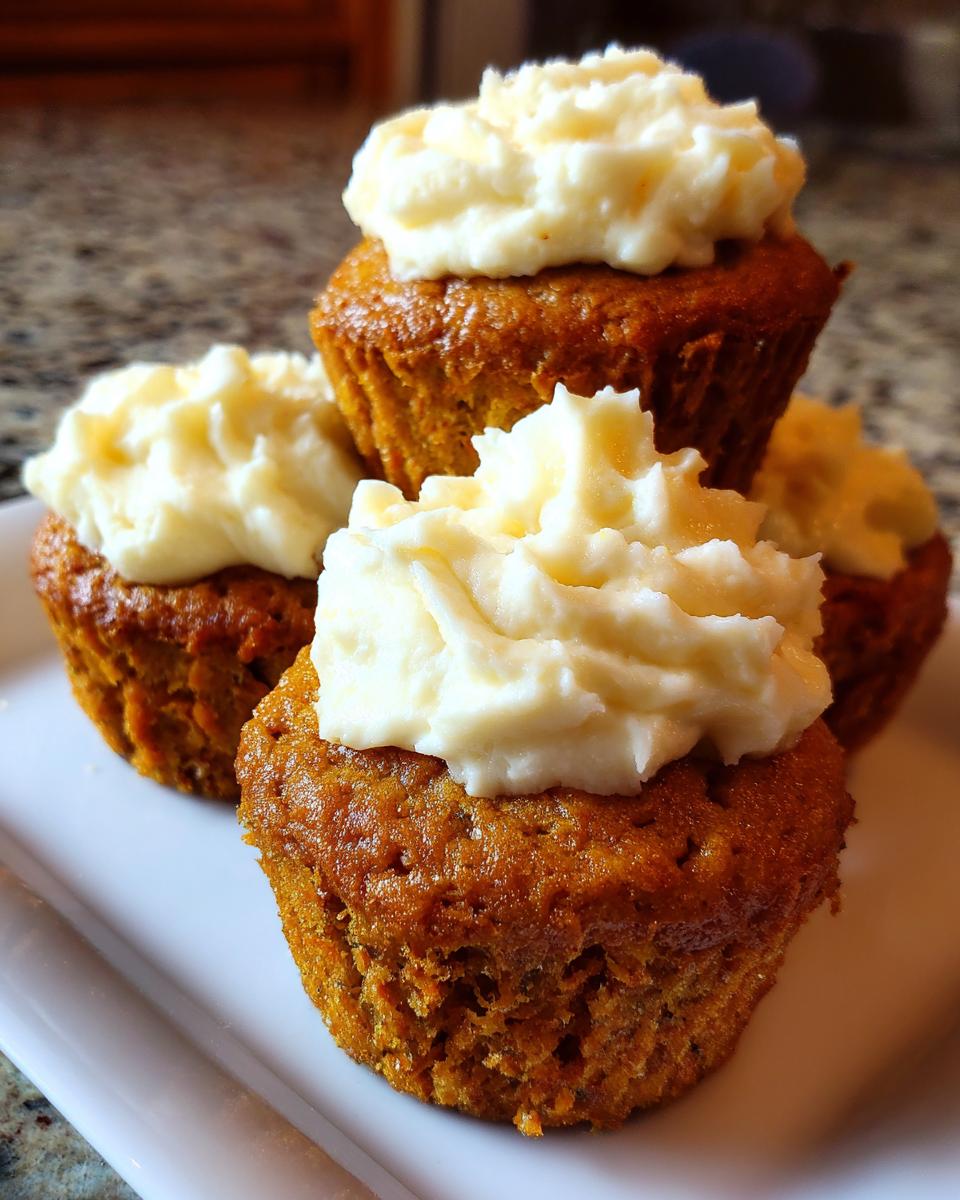 A stack of four moist carrot cake muffins topped generously with thick cream cheese frosting.