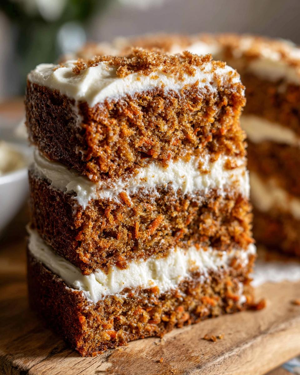 Close-up of a thick slice of moist carrot cake recipe with three layers and cream cheese frosting.