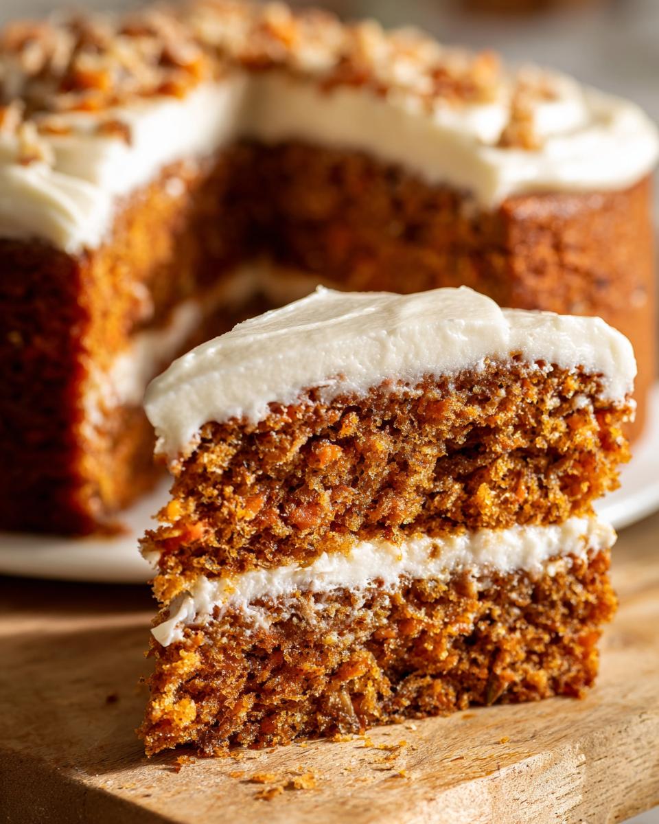 Close-up of a thick slice of moist carrot cake recipe with cream cheese frosting layers.