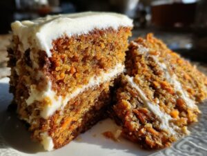 Close-up of a rich, moist slice of carrot cake recipe layered with thick cream cheese frosting.