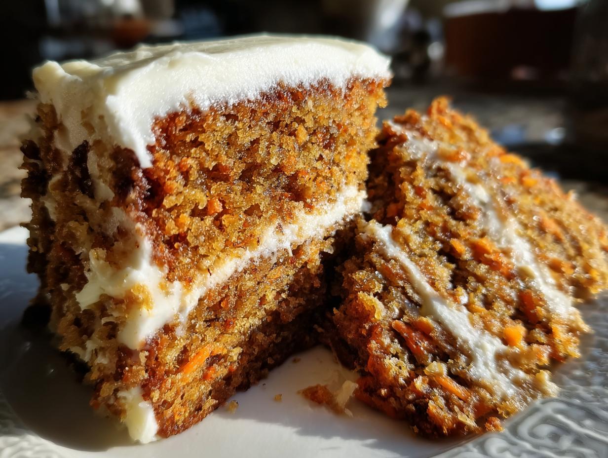 Close-up of a rich, moist slice of carrot cake recipe layered with thick cream cheese frosting.