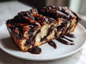 A close-up of a slice of rich chocolate babka bread showing the swirl pattern and covered in glossy chocolate glaze.