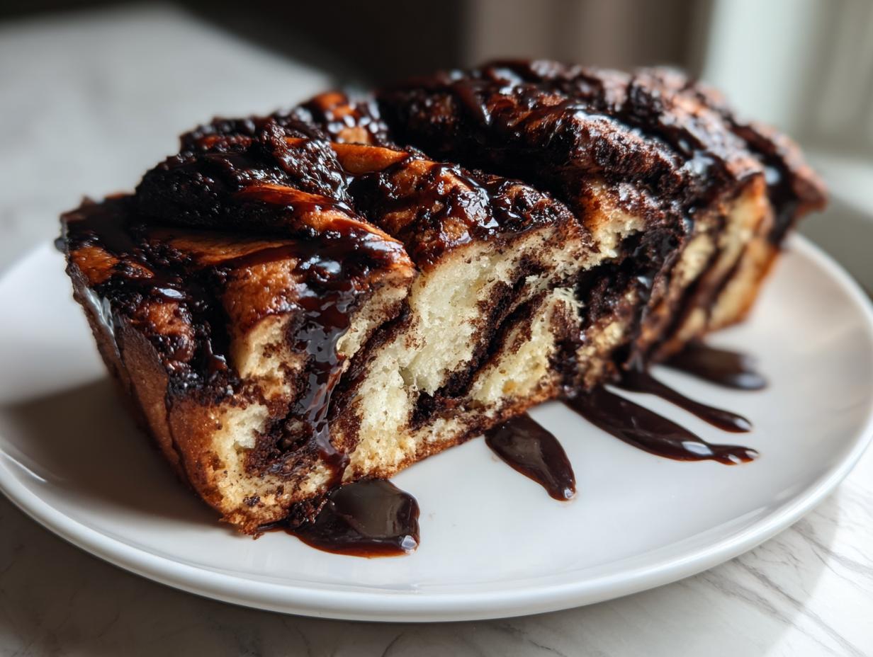 A close-up of a slice of rich chocolate babka bread showing the swirl pattern and covered in glossy chocolate glaze.