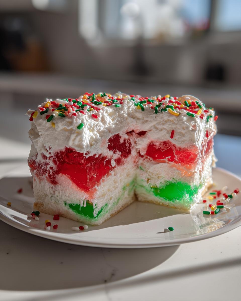 A slice of moist christmas poke cake layered with red and green jello, topped with whipped cream and festive sprinkles.