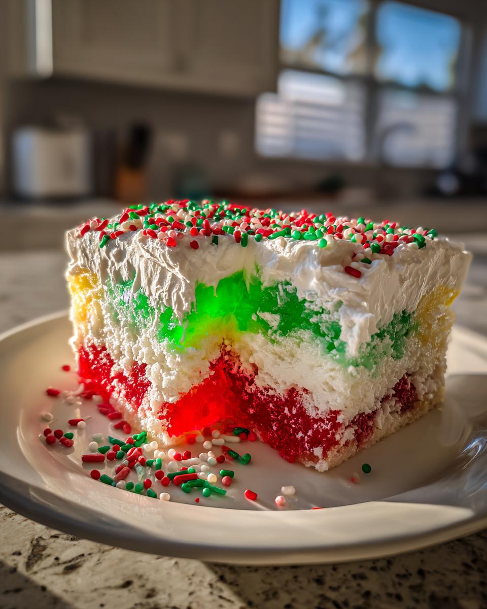A colorful, layered slice of christmas poke cake topped with whipped cream and festive red, green, and white sprinkles.