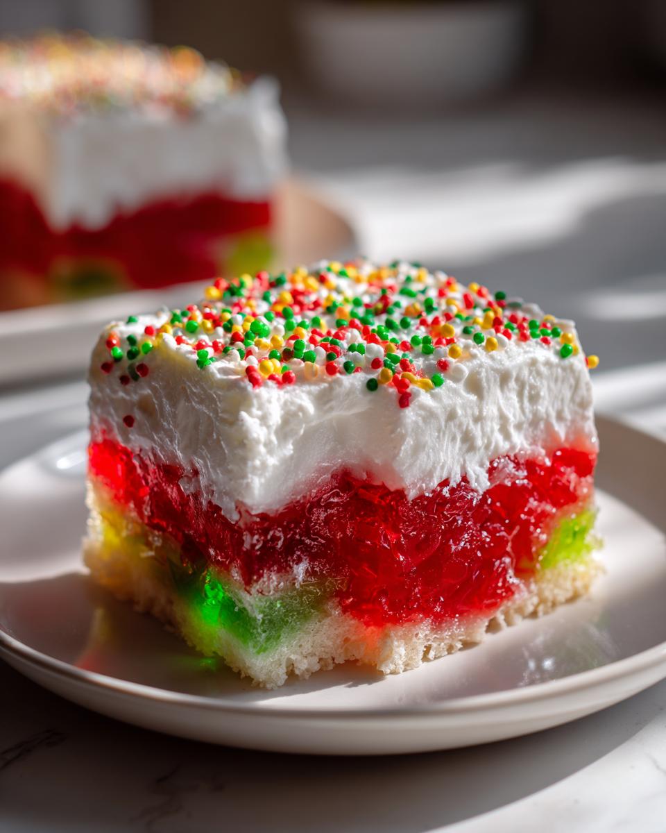 A square slice of moist christmas poke cake featuring layers of green and red jello, topped with whipped cream and festive sprinkles.