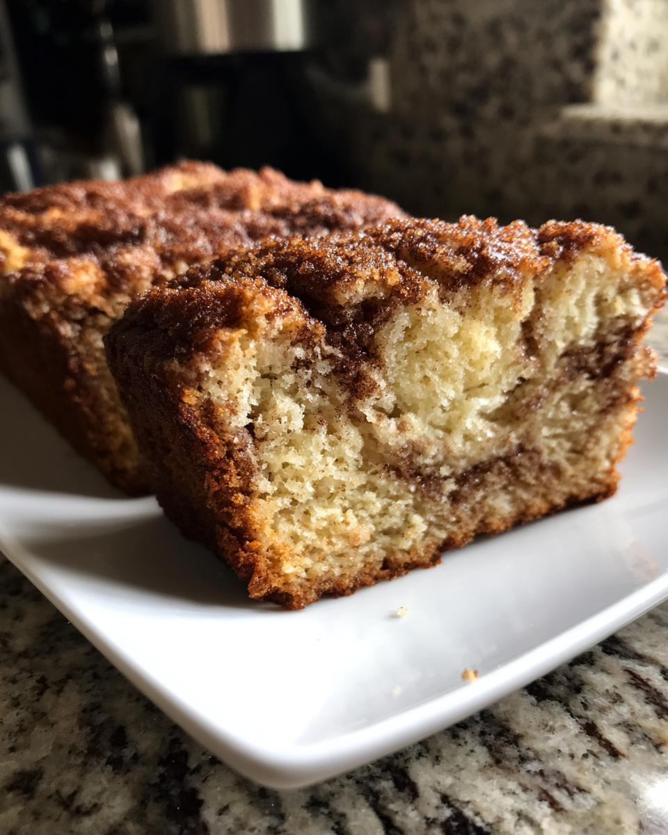 Close-up of a moist slice of cinnamon bread showing the swirl and crunchy cinnamon topping.