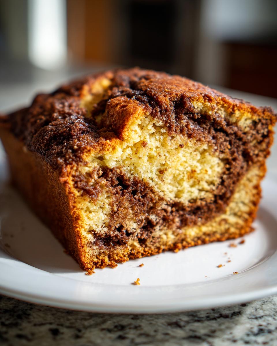 Close-up of a moist slice of cinnamon bread showing a beautiful swirl of light and dark brown batter on a white plate.