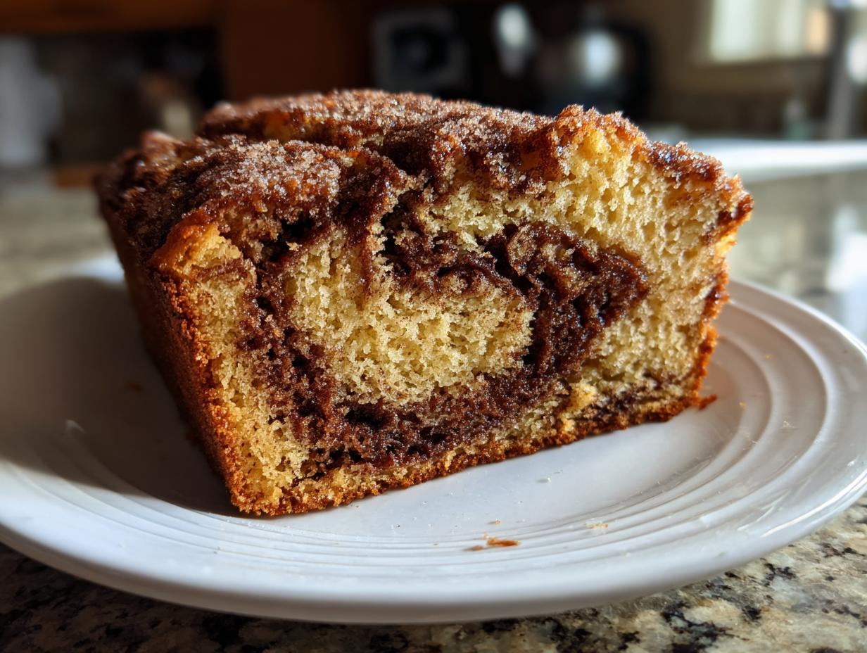 Close-up of a moist slice of cinnamon bread showing rich brown cinnamon swirls in the light crumb.