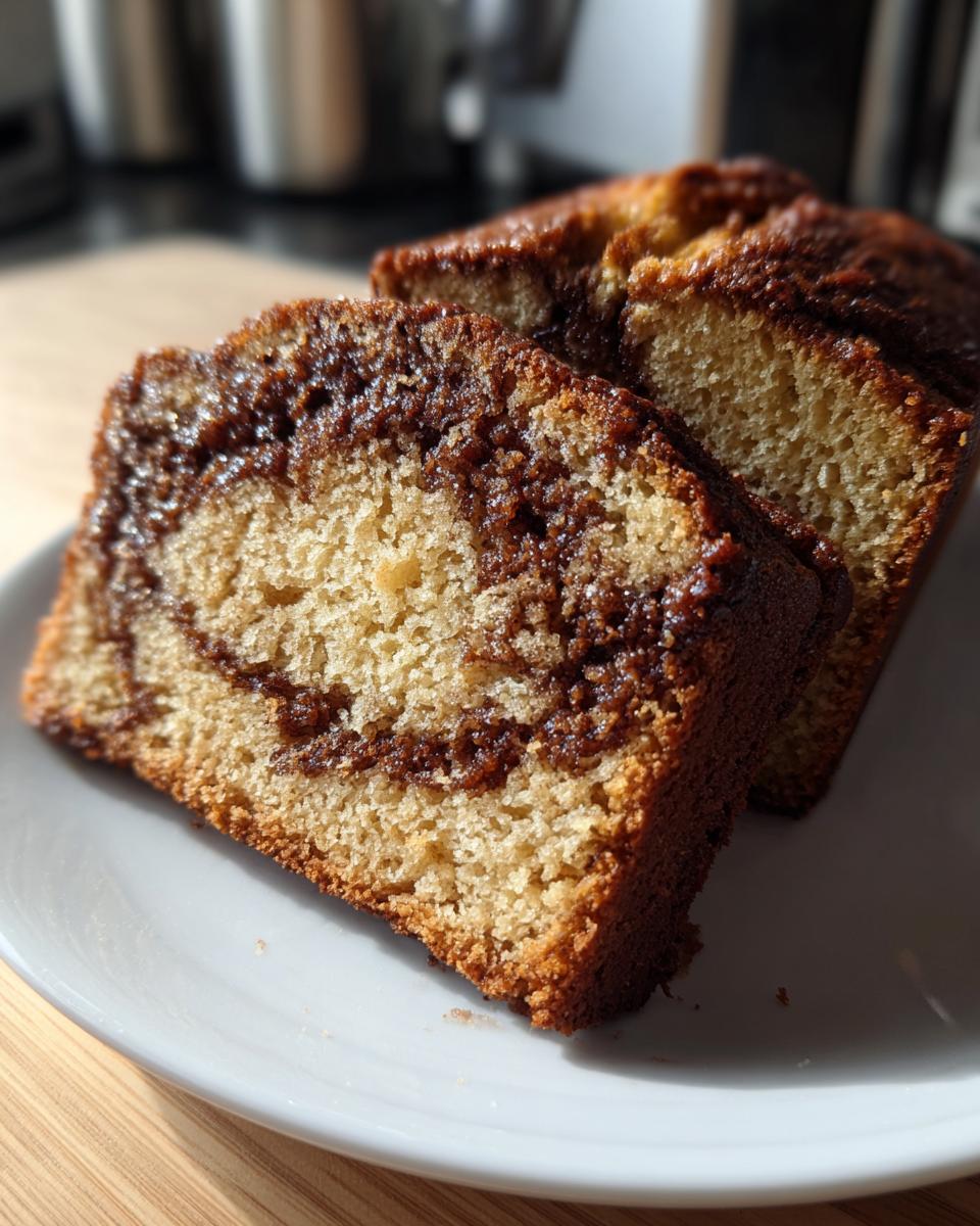 Close-up of moist slices of cinnamon bread showing a beautiful swirl of dark cinnamon filling inside the light loaf.