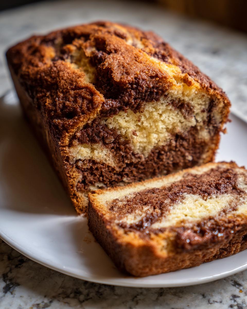 A close-up of a sliced moist cinnamon bread loaf showing beautiful vanilla and dark cinnamon swirls.