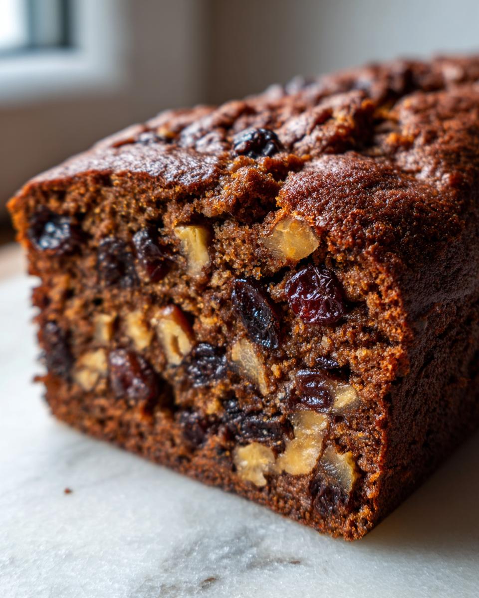 Close-up of a moist date nut bread loaf showing dense texture packed with dark raisins and light-colored walnuts.