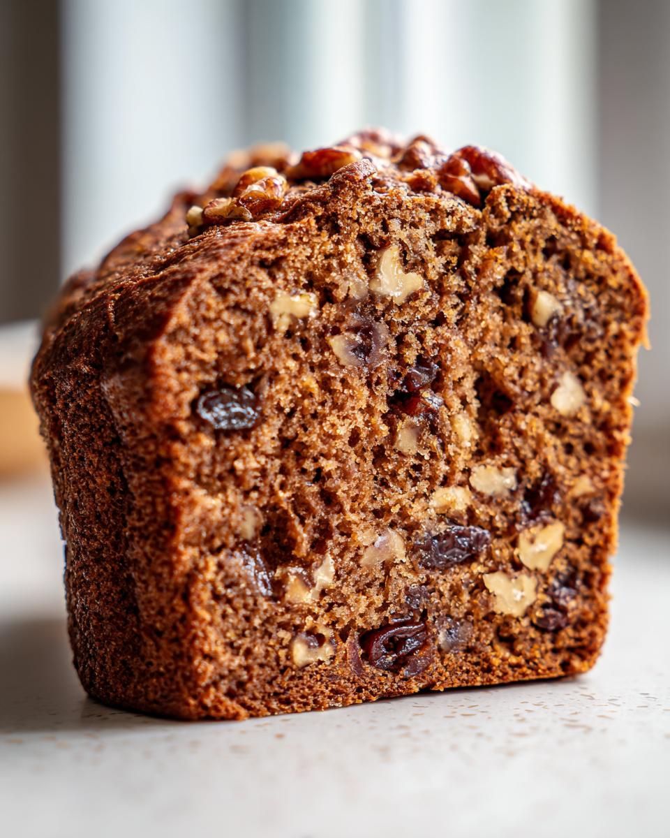 Close-up view of the moist, dark brown crumb of a date nut bread loaf, showing visible pieces of dates and walnuts.