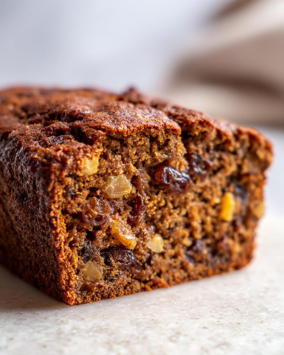Close-up cross-section showing the moist crumb texture of a freshly baked date nut bread loaded with raisins and walnuts.