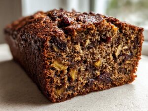 Close-up of a freshly baked, moist date nut bread loaf showing visible nuts and dried fruit within the dark crumb.
