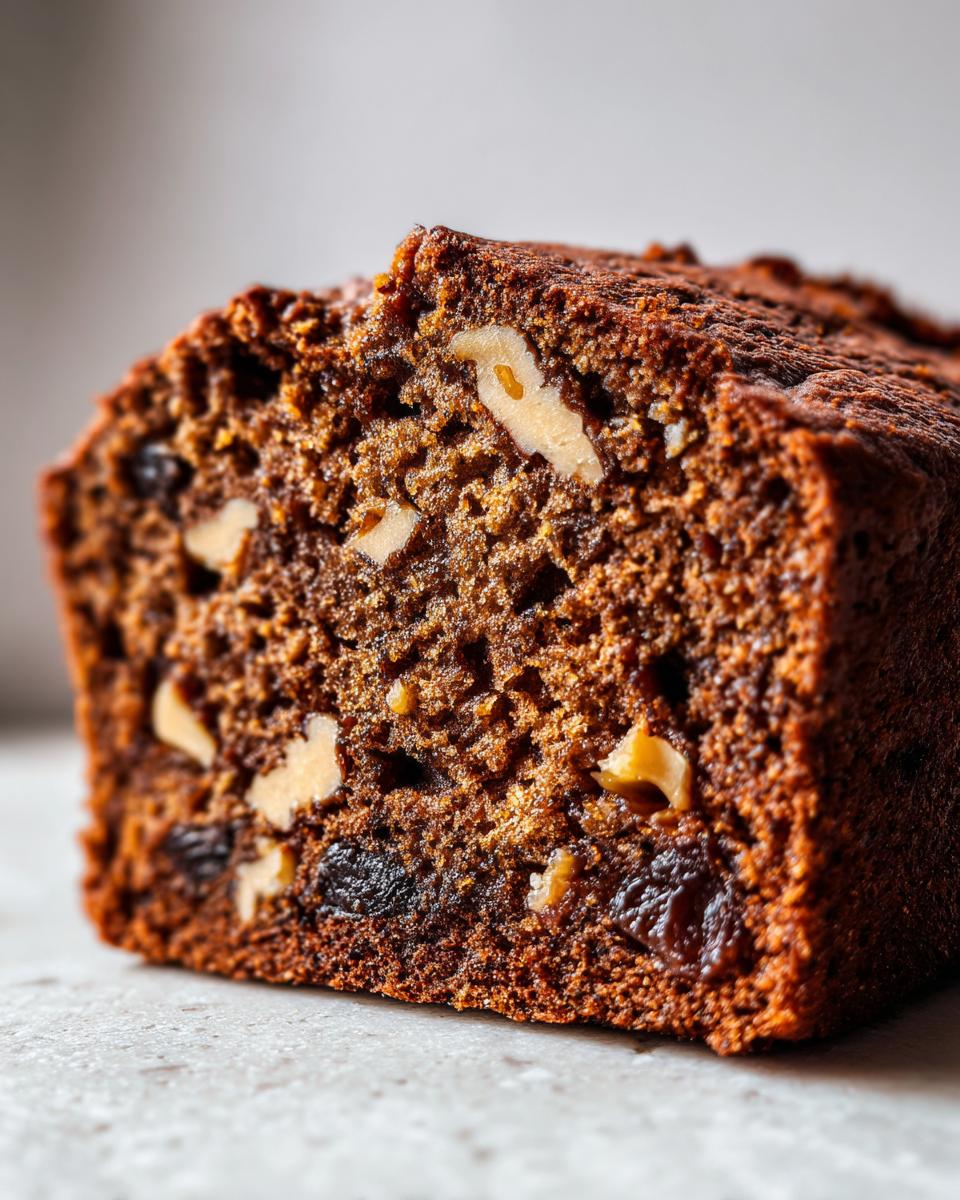 Close-up of a moist slice of dark brown date nut bread showing visible walnuts and raisins throughout the crumb.