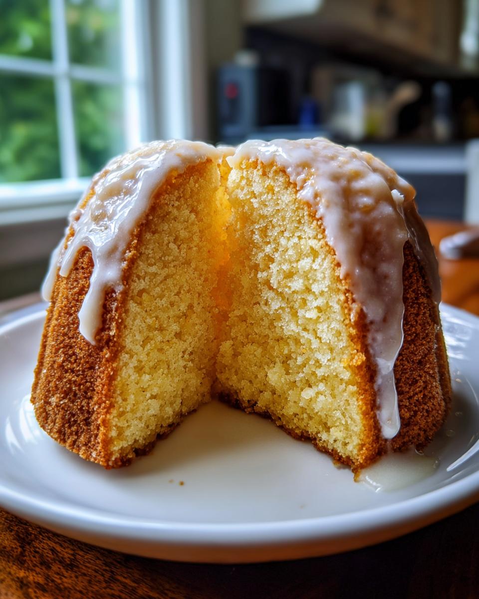 A moist lemon pound cake, cut in half to show the crumb, topped with a thick white glaze.