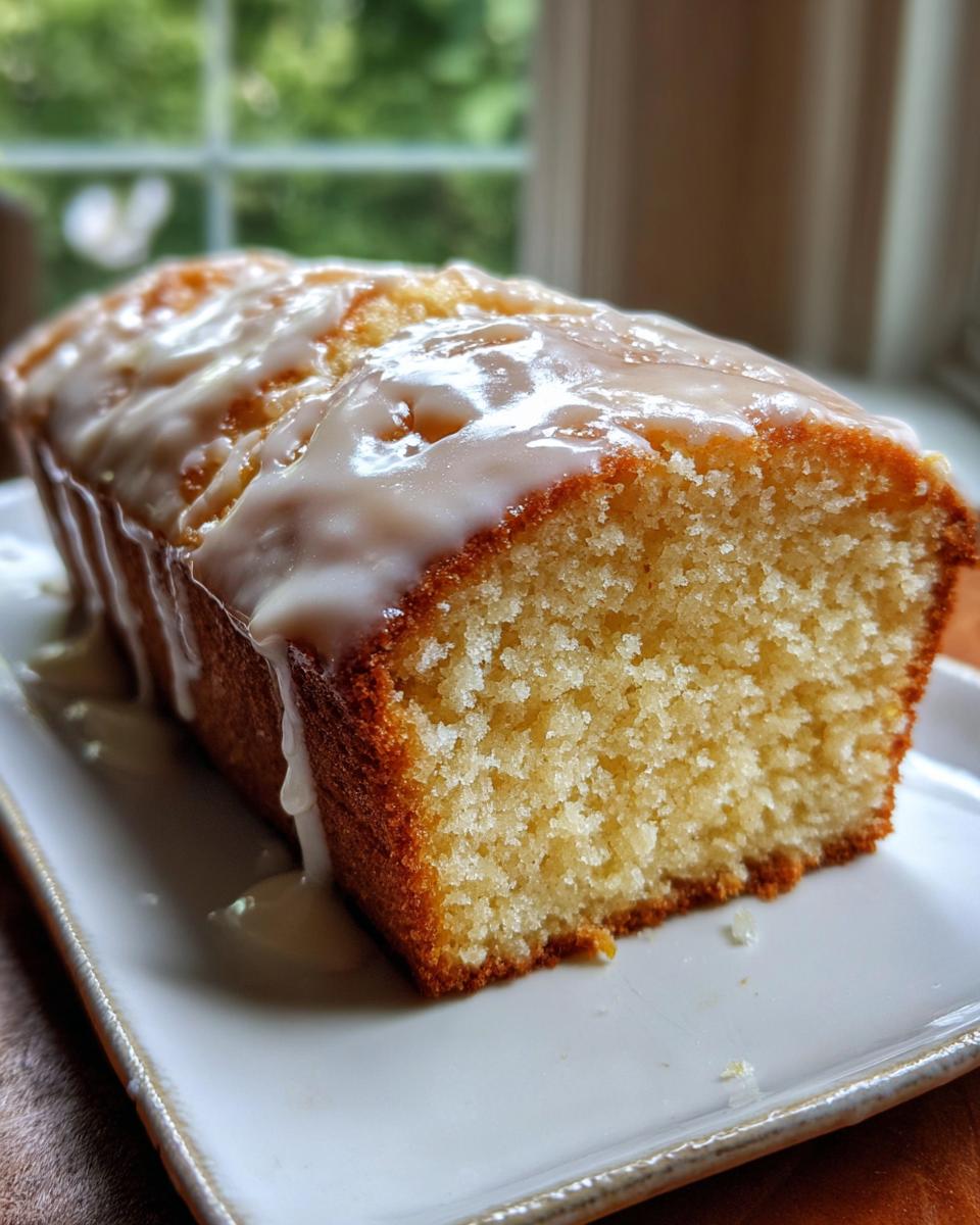 A close-up of a freshly baked lemon pound cake drizzled with a thick, white glaze, showing the moist crumb texture.