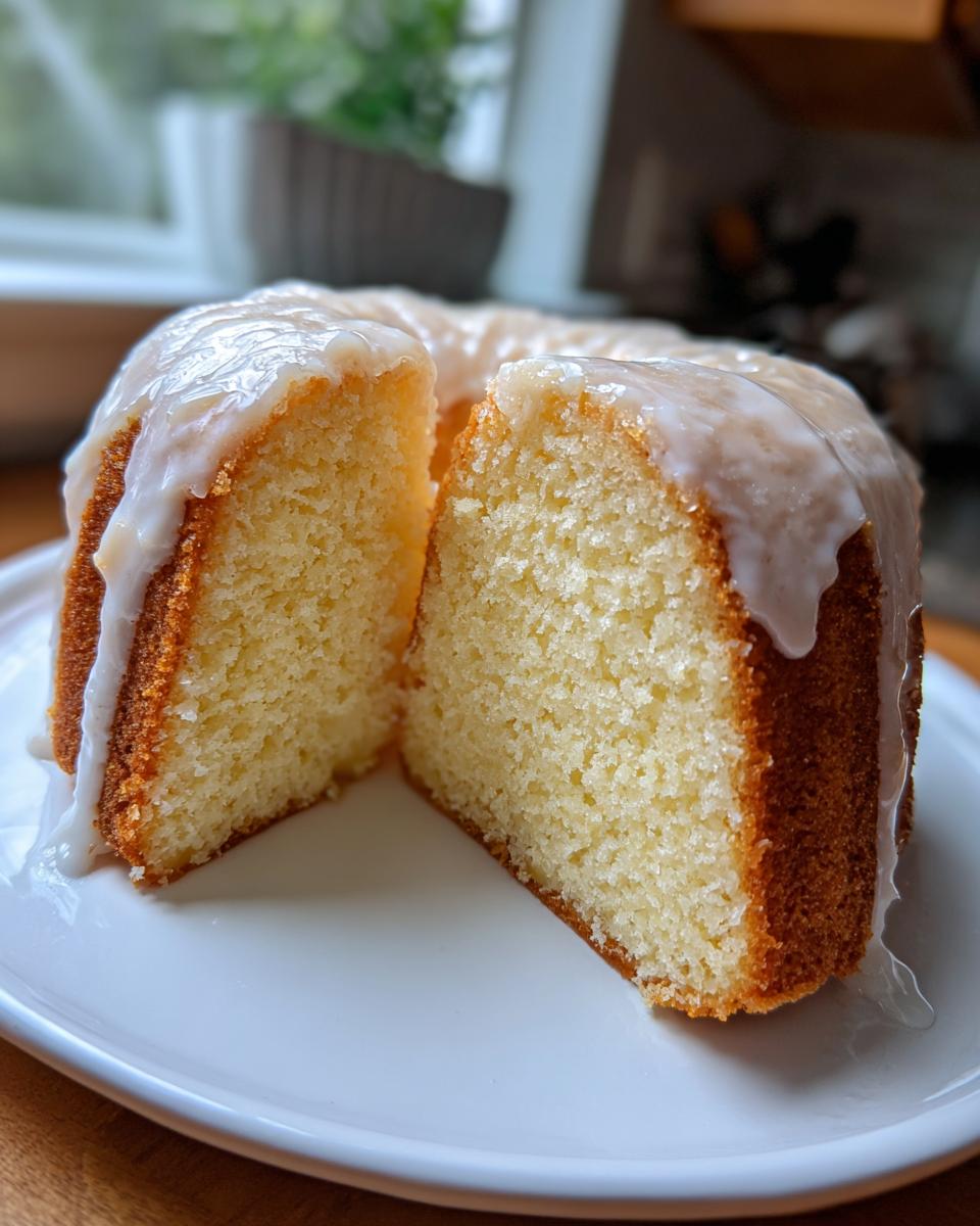 A slice cut from a moist lemon pound cake topped with a thick, dripping glaze, showing the tender crumb.