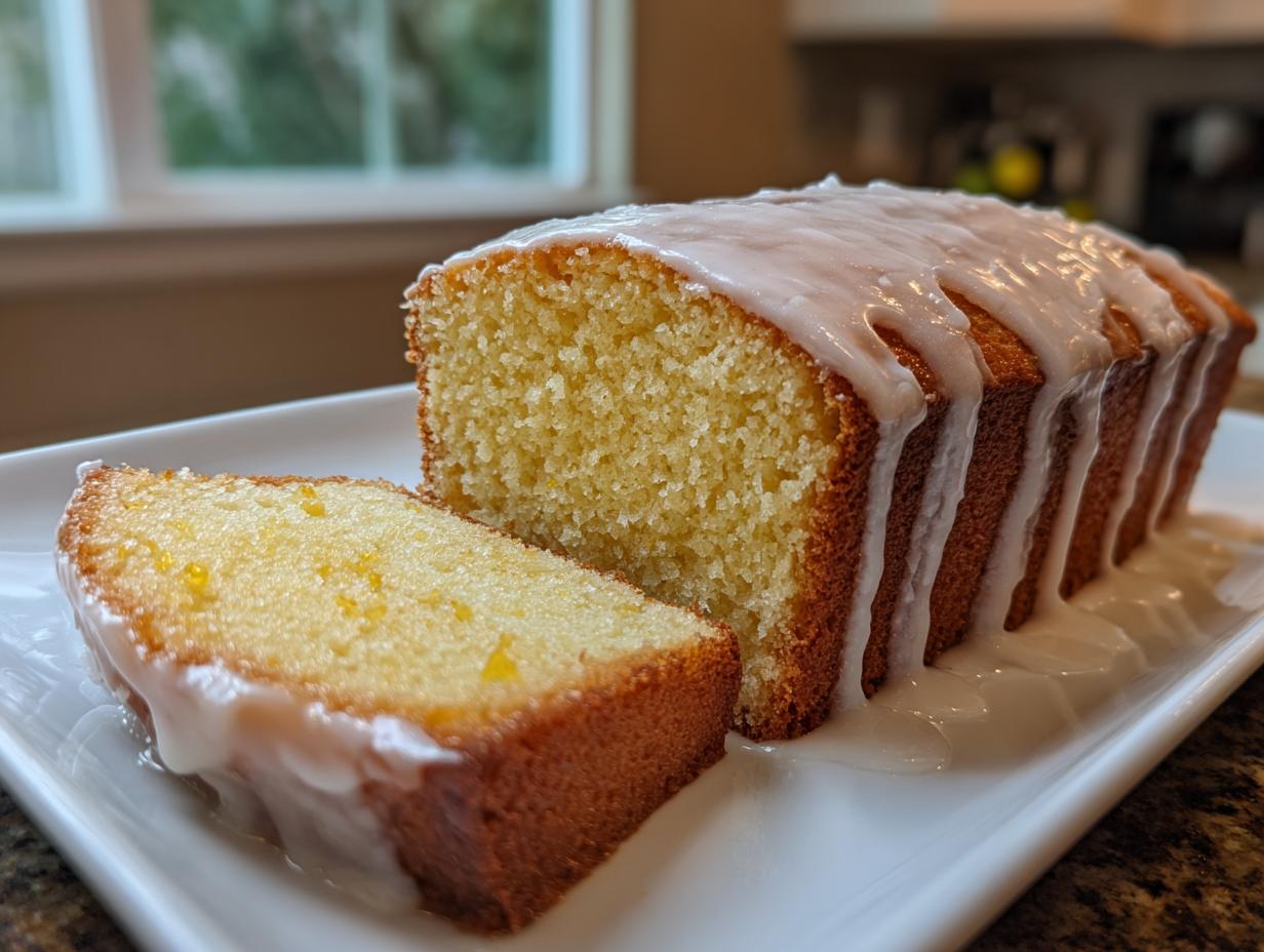 A loaf of moist lemon pound cake, partially sliced, covered in a thick, dripping lemon glaze.