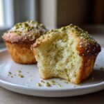Close-up of a moist pistachio muffin broken open, showing the crumb texture and green pistachio pieces, topped with sugar and nuts.