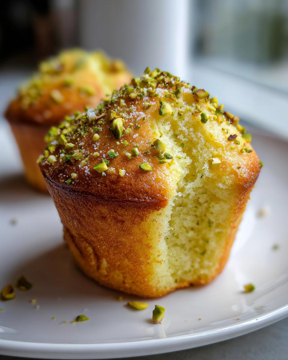 Close-up of a moist pistachio muffin, broken open, topped with chopped pistachios and coarse sugar.