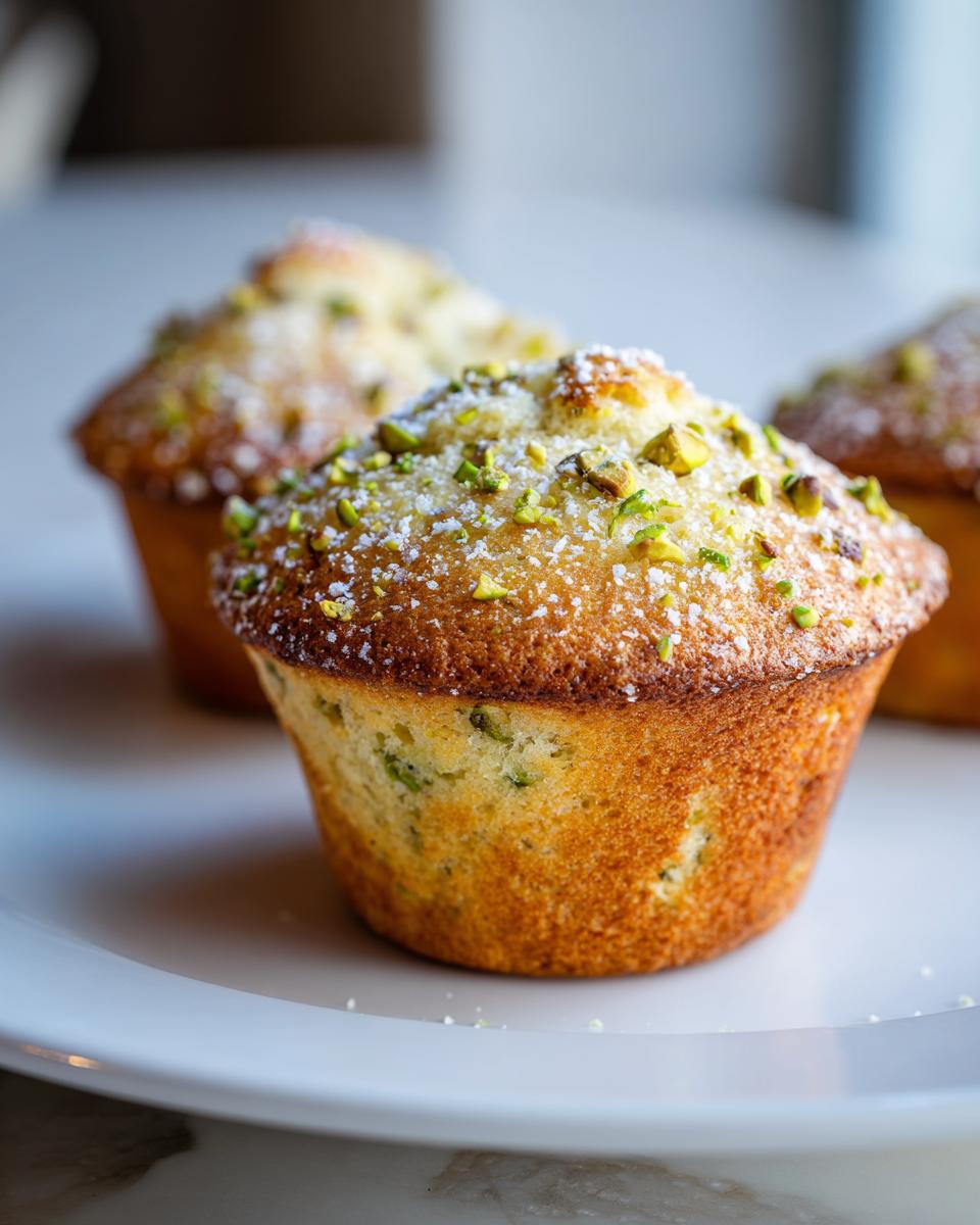 Close-up of a golden-brown pistachio muffin dusted with powdered sugar and chopped pistachios.