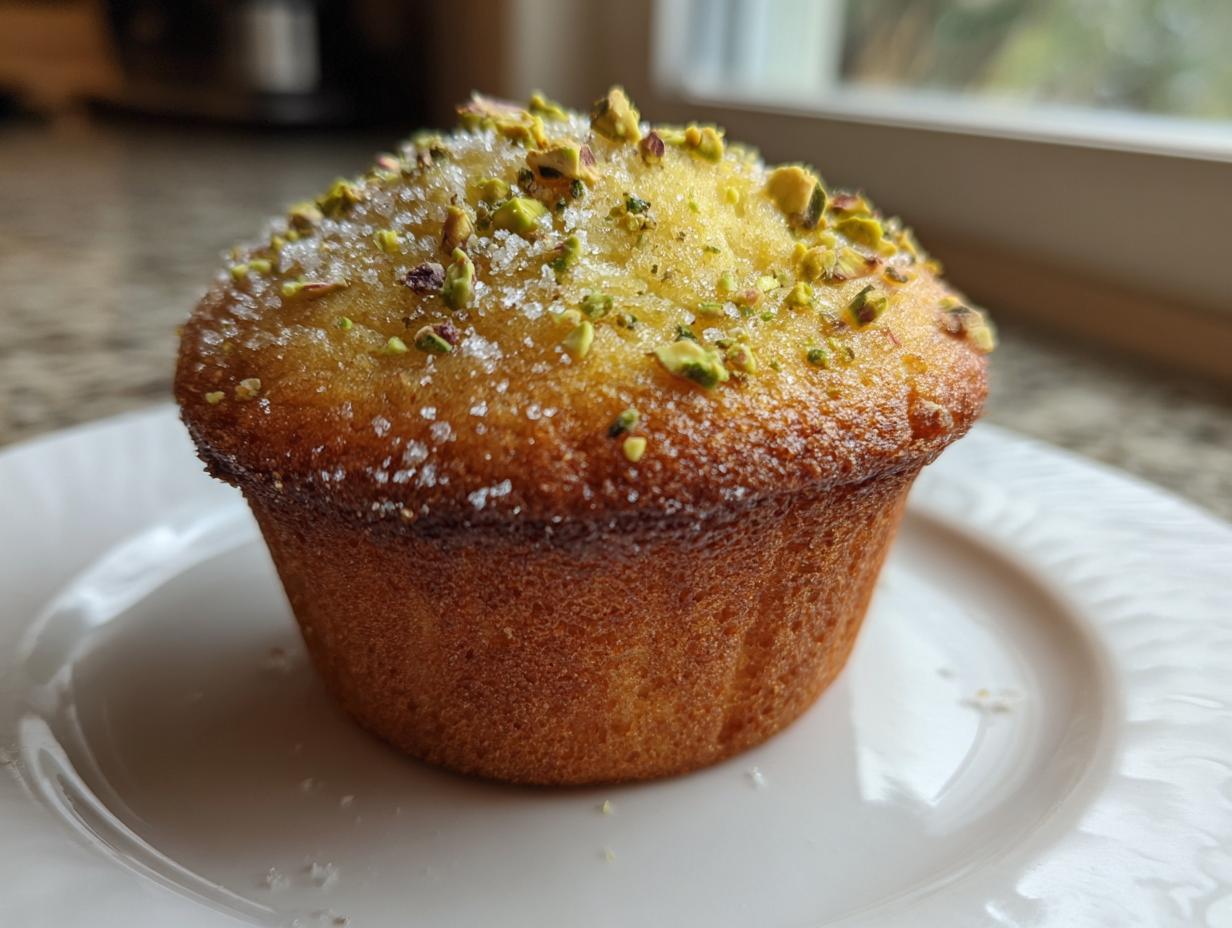A close-up of a single, golden-brown pistachio muffin topped with coarse sugar and chopped pistachios.