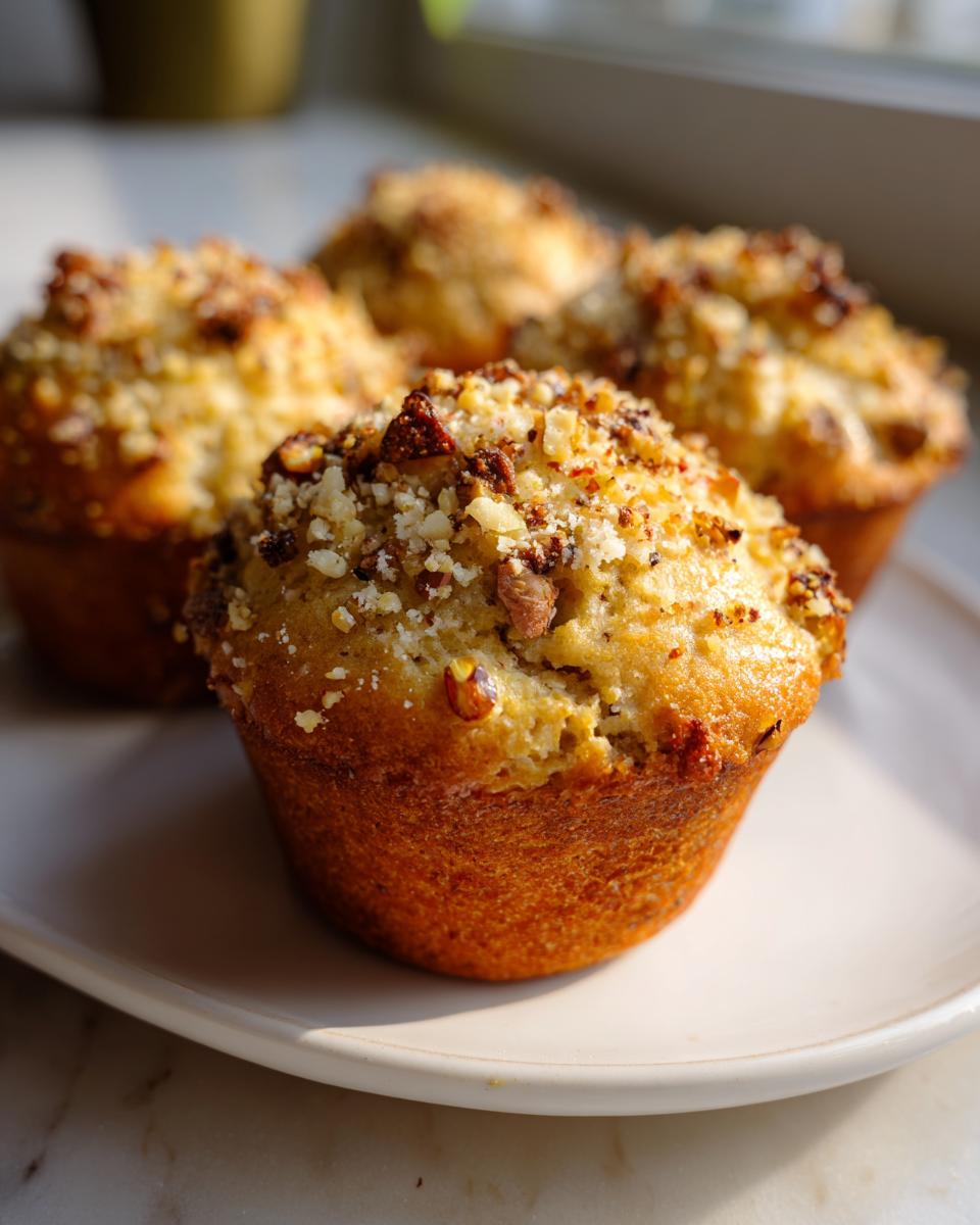 Four golden-brown pistachio muffins topped with a crunchy nut crumble sitting on a white plate.