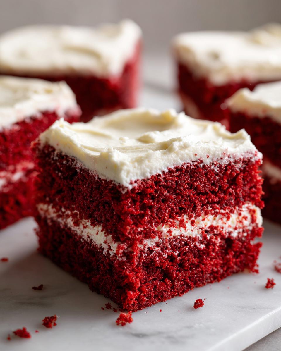 Close-up of a moist slice of red velvet cake showing two layers of deep red cake and a creamy white frosting layer.