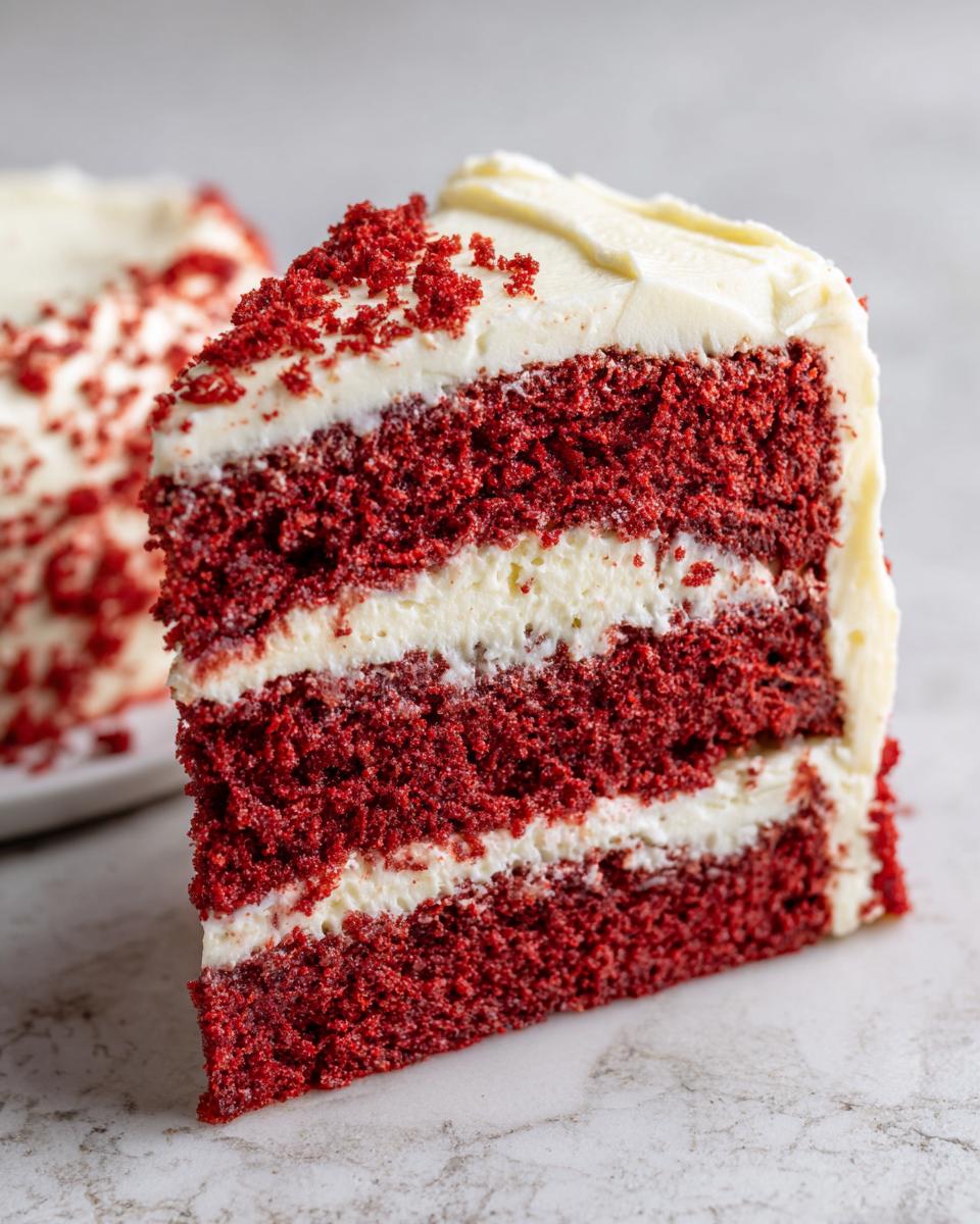 Close-up of a tall slice of moist red velvet cake showing three layers of deep red cake separated by white cream cheese frosting.