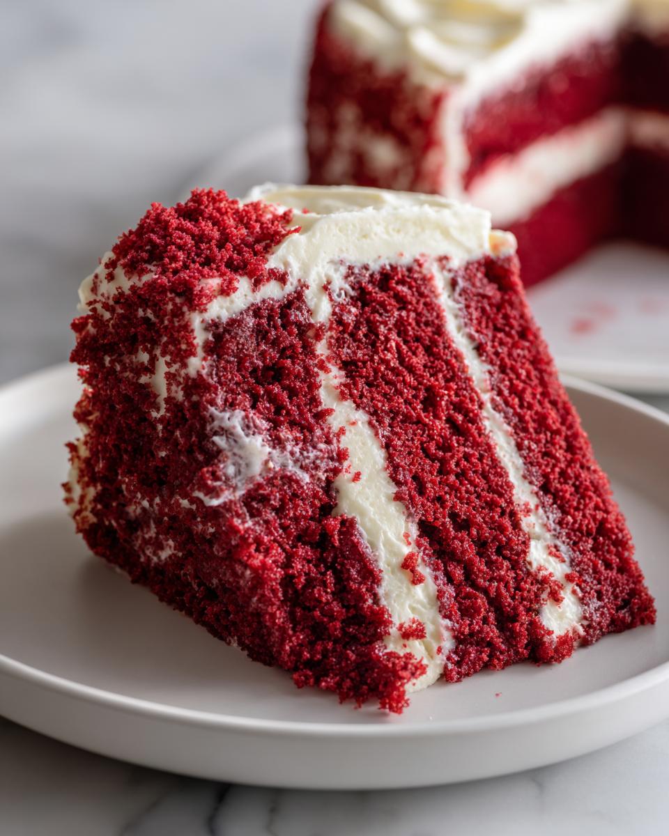 Close-up of a moist slice of red velvet cake layered with thick cream cheese frosting.