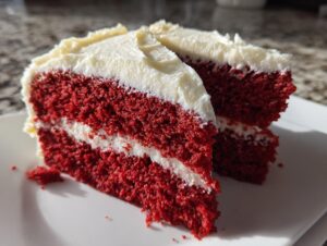 Two moist slices of red velvet cake layered with white cream cheese frosting, sitting on a white plate.