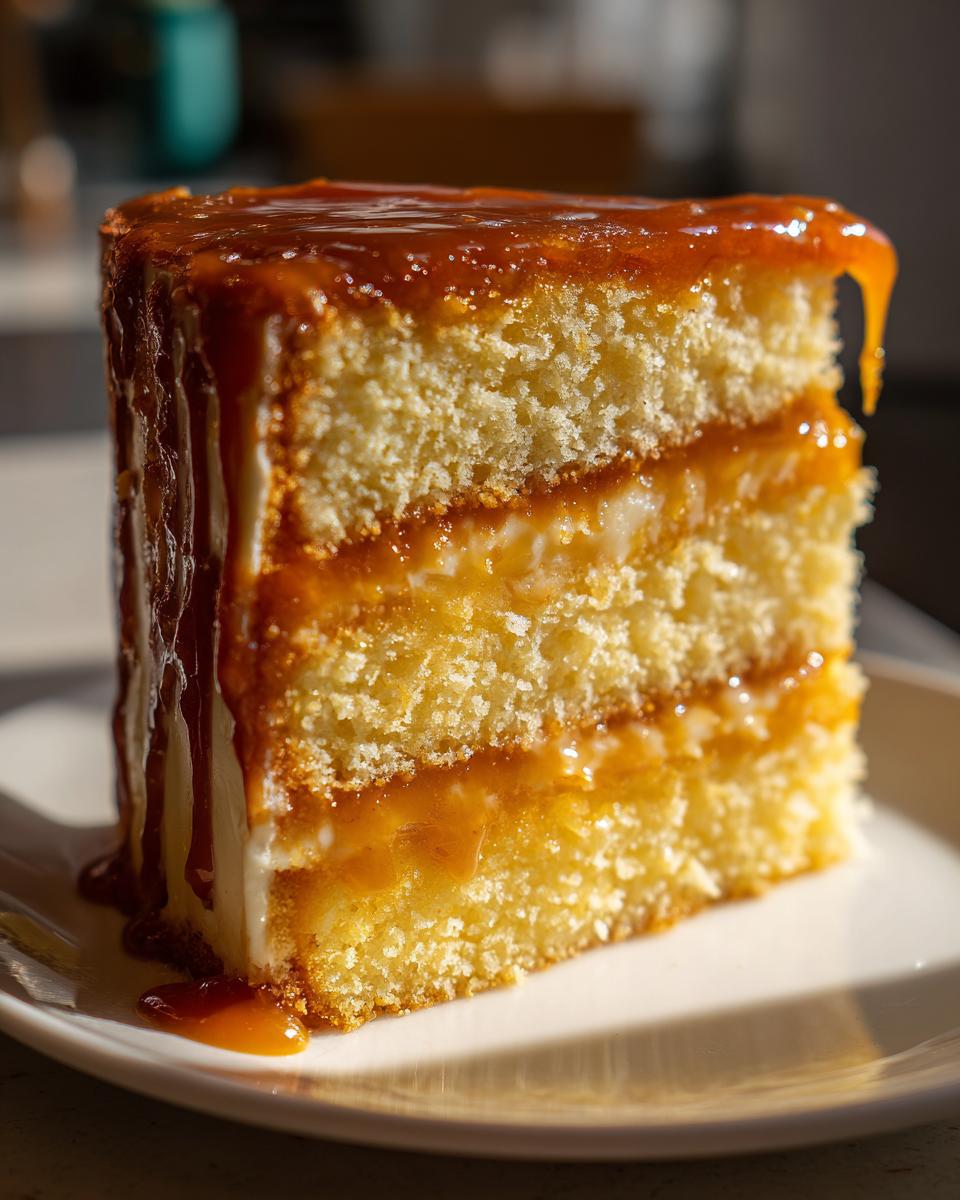 Close-up of a tall slice of caramel cake showing three layers of sponge and creamy filling, topped with dripping caramel sauce.