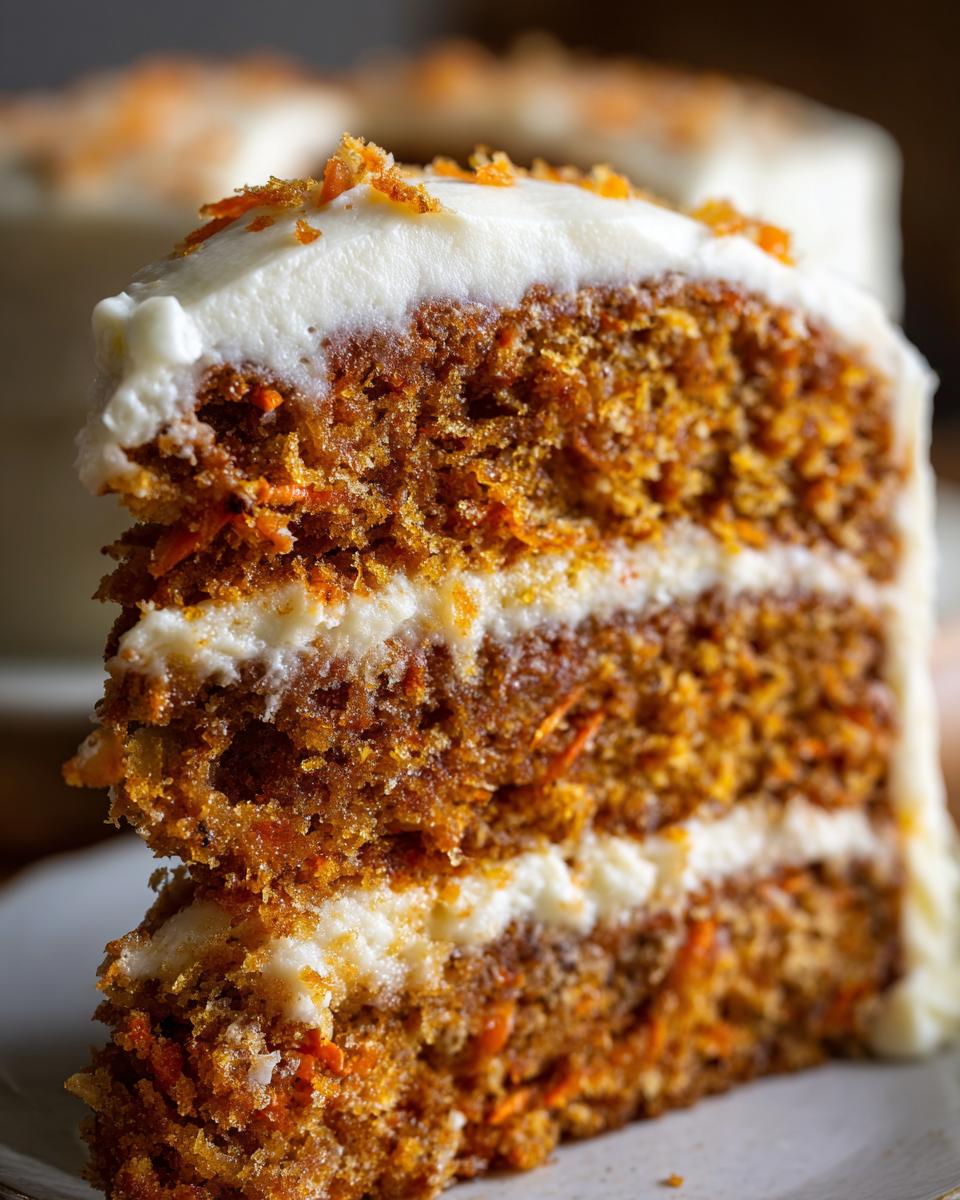 Close-up of a thick slice of layered carrot cake recipe, showing moist crumb and cream cheese frosting.