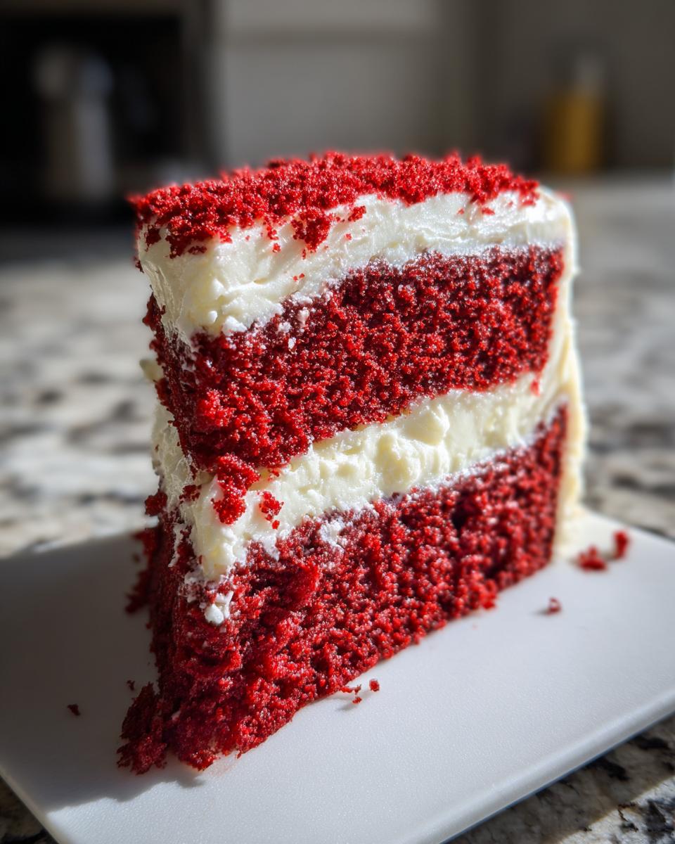 A tall, moist slice of red velvet cake featuring two layers of deep red cake separated by thick white cream cheese frosting.