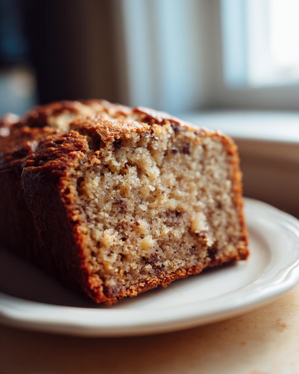 Close-up of a thick slice of moist vegan banana bread with a golden crust, served on a white plate.