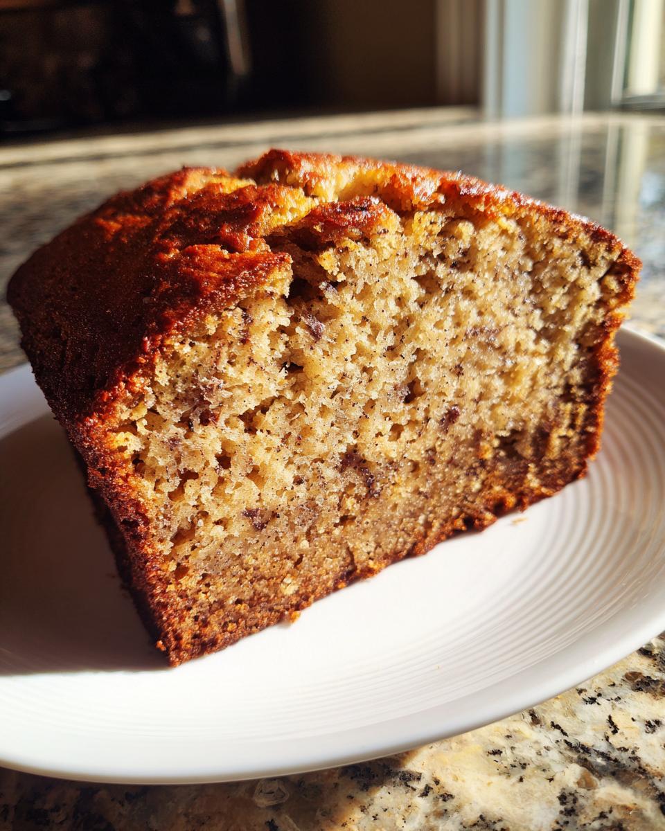 Close-up of a moist slice of vegan banana bread showing its tender crumb and dark banana flecks.