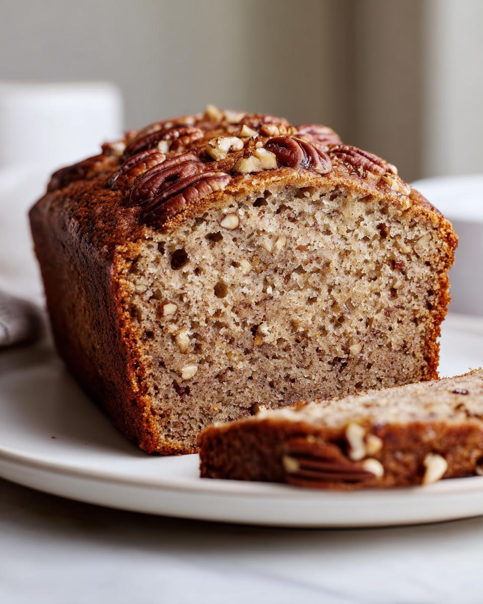 Close-up of a moist loaf of sweet alabama pecan bread, topped with pecans, with one slice cut and resting in front.