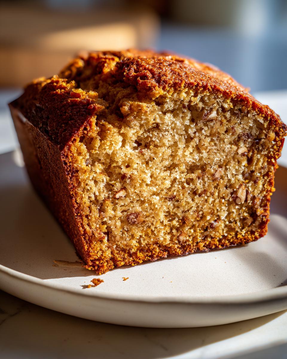Close-up of a moist slice of sweet alabama pecan bread showing the crumb texture and pecans.