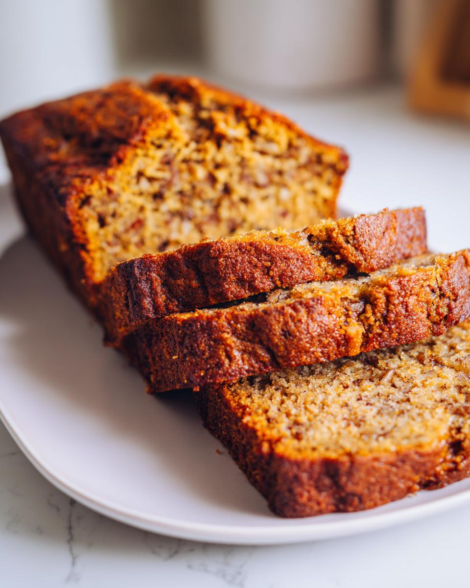 Close-up of a sliced loaf of moist sweet alabama pecan bread with a rich, golden-brown crust.