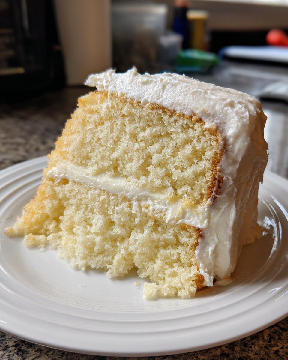 Close-up of a moist slice of vanilla cake recipe layered with creamy white frosting on a white plate.