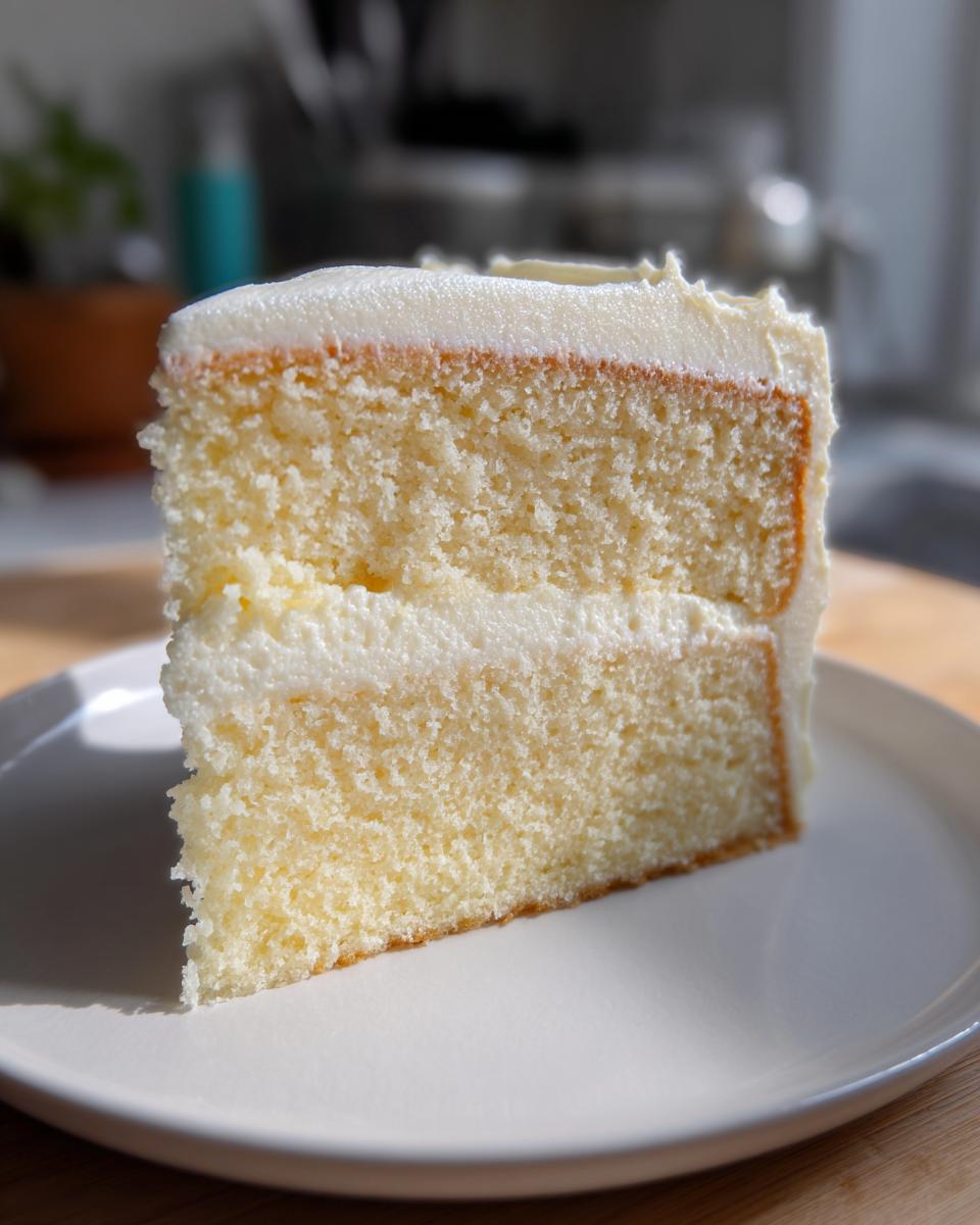 A close-up, sunlit slice of moist vanilla cake recipe with two layers and thick white frosting.