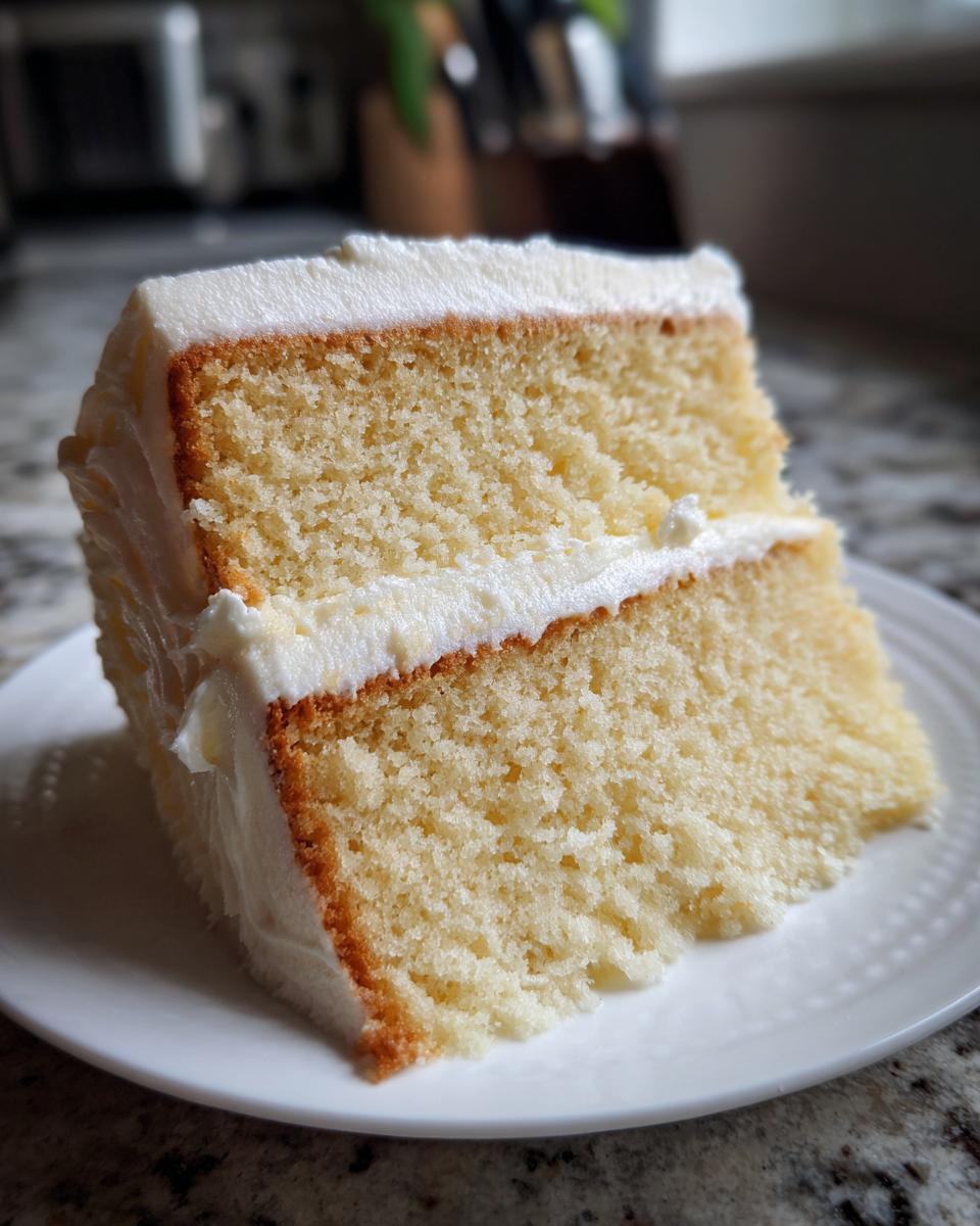 Close-up of a thick, moist slice of vanilla cake recipe with two layers and white buttercream frosting.