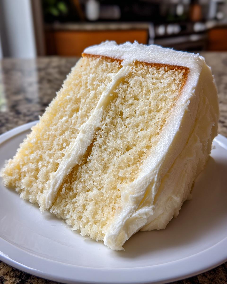 Close-up of a moist slice of vanilla cake recipe layered with thick white buttercream frosting on a white plate.
