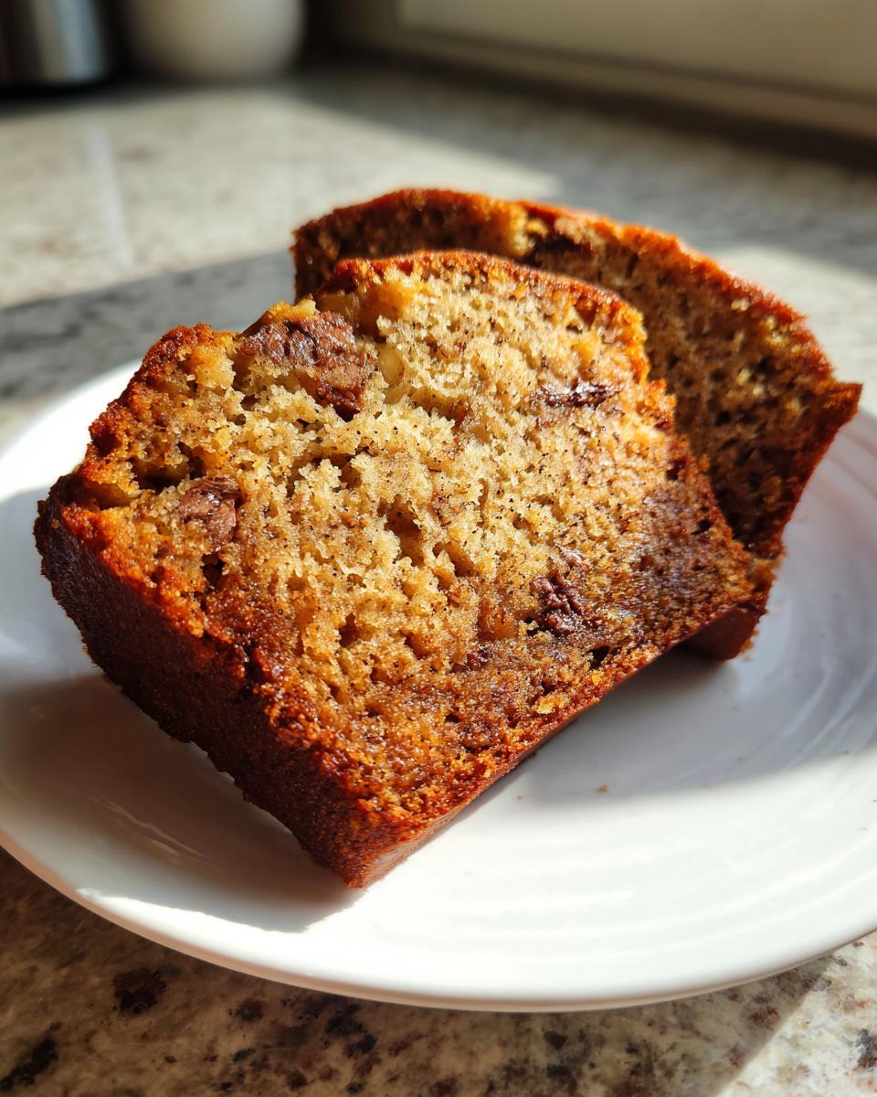Two thick slices of moist vegan banana bread with visible chocolate chunks, served on a white plate.