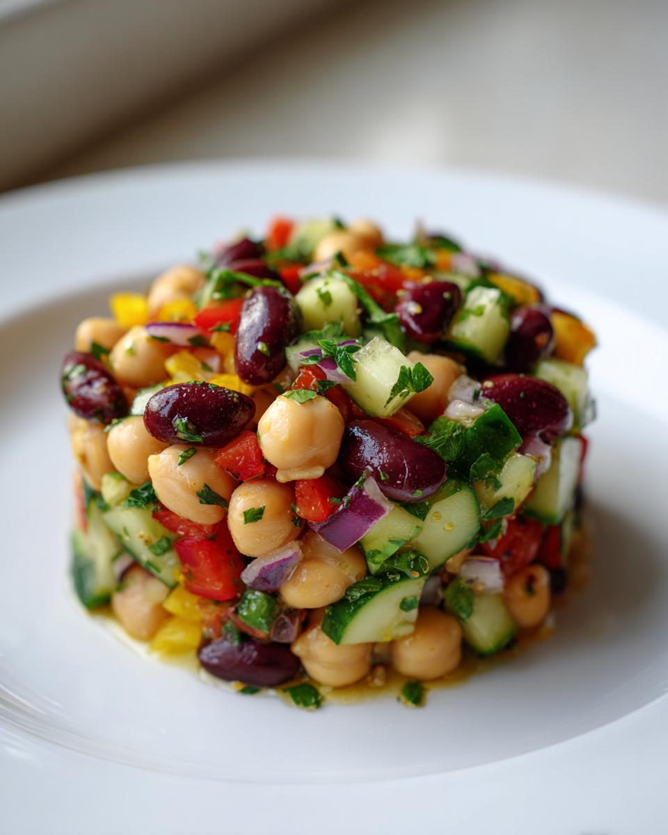 A molded serving of colorful bean salad featuring chickpeas, kidney beans, cucumber, and red onion.